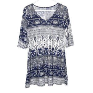 DVDN Blue White Print 1/2 Sleeve Scoop Neck Tunic Blouse - S. 100% Polyester